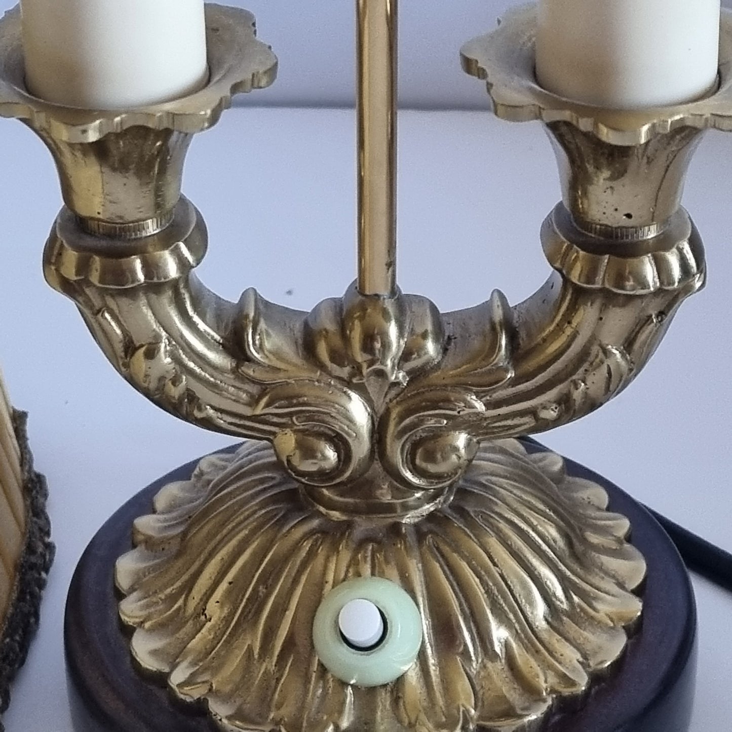 Brass Candelabra Table Lamp – Two Arm Hollywood Regency Bouillotte, Pleated Shade, French Style, 1950s–1960s