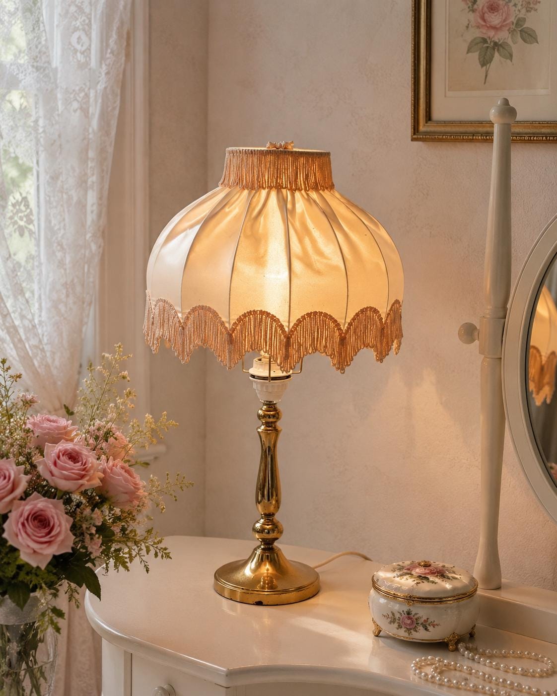 Brass Table Lamp, Pleated Silk Fringe Shade, Hollywood Regency Style, Swedish Vintage 1960s __etsy:8195090253