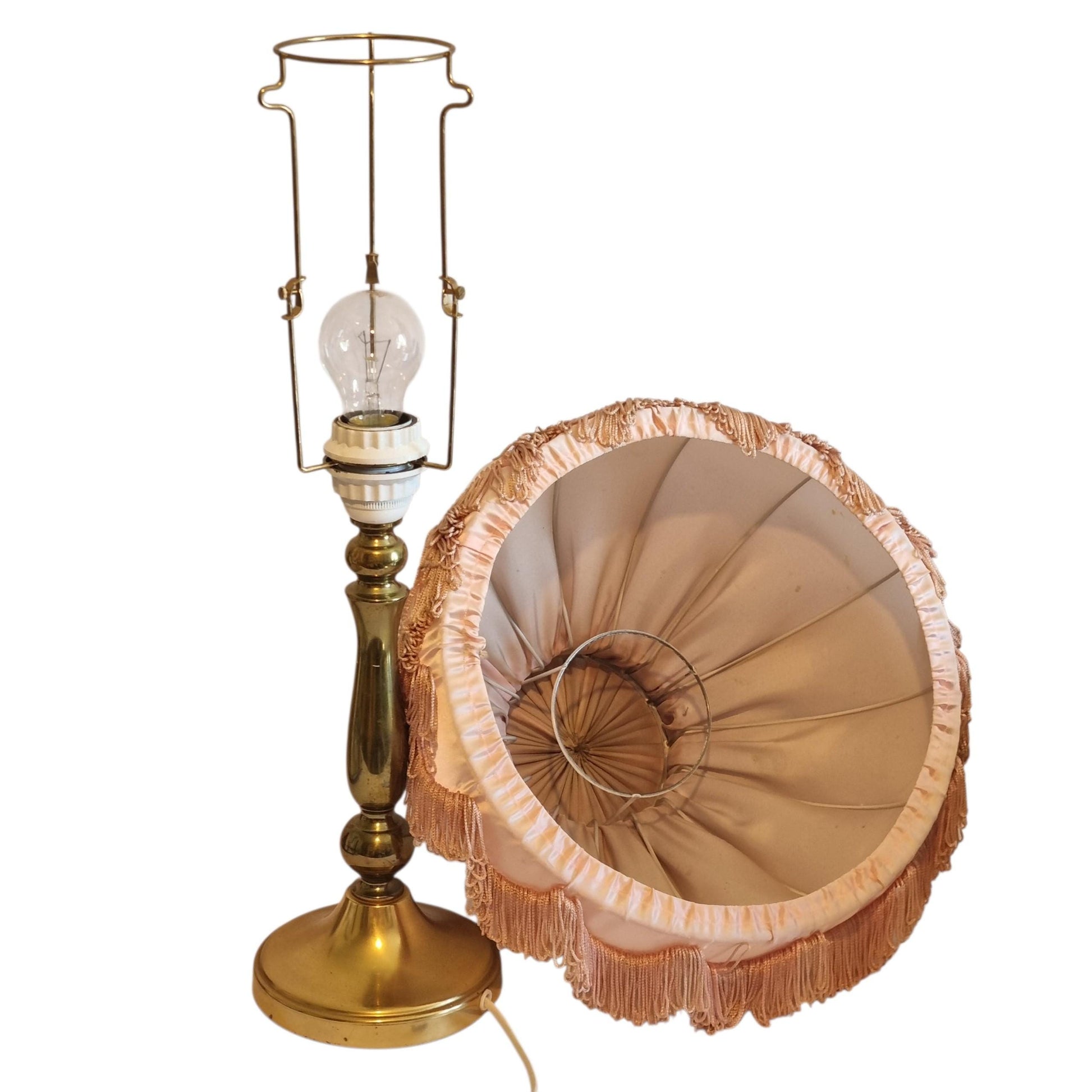 Brass Table Lamp, Pleated Silk Fringe Shade, Hollywood Regency Style, Swedish Vintage 1960s __etsy:8195075115