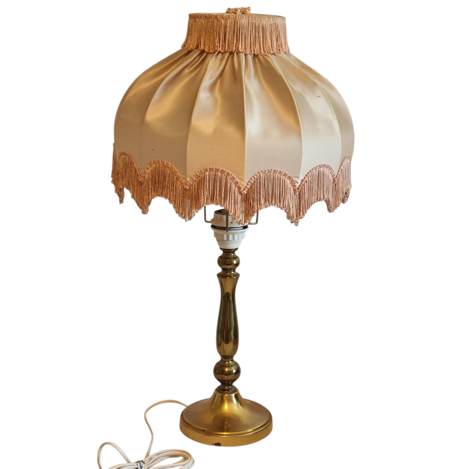 Brass Table Lamp, Pleated Silk Fringe Shade, Hollywood Regency Style, Swedish Vintage 1960s __etsy:8147172870