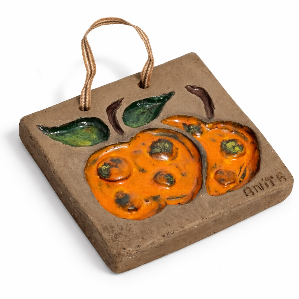Ceramic Wall Plaque – Signed Anita Nylund, Jie Gantofta Sweden 1970s, Orange Fruit Relief, authentic vintage charm