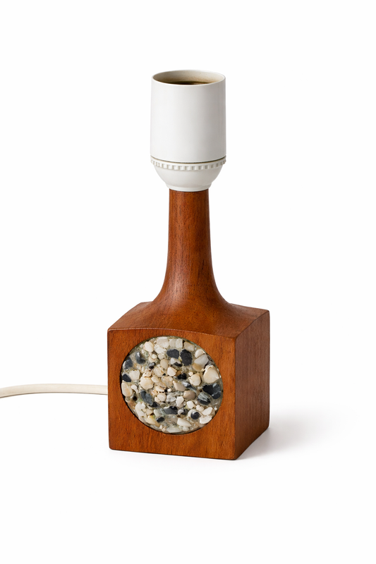 Teak Table Lamp Base – Stone Mosaic Inlay, Scandinavian Mid-Century, 1970s