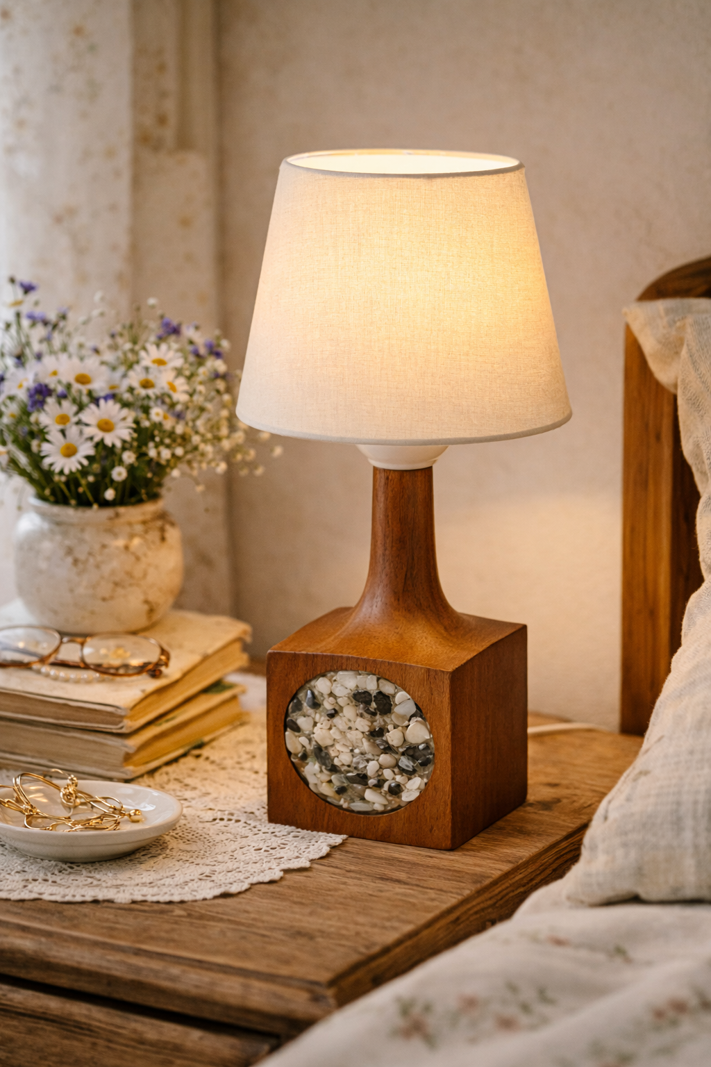 Teak Table Lamp Base – Stone Mosaic Inlay, Scandinavian Mid-Century, 1970s