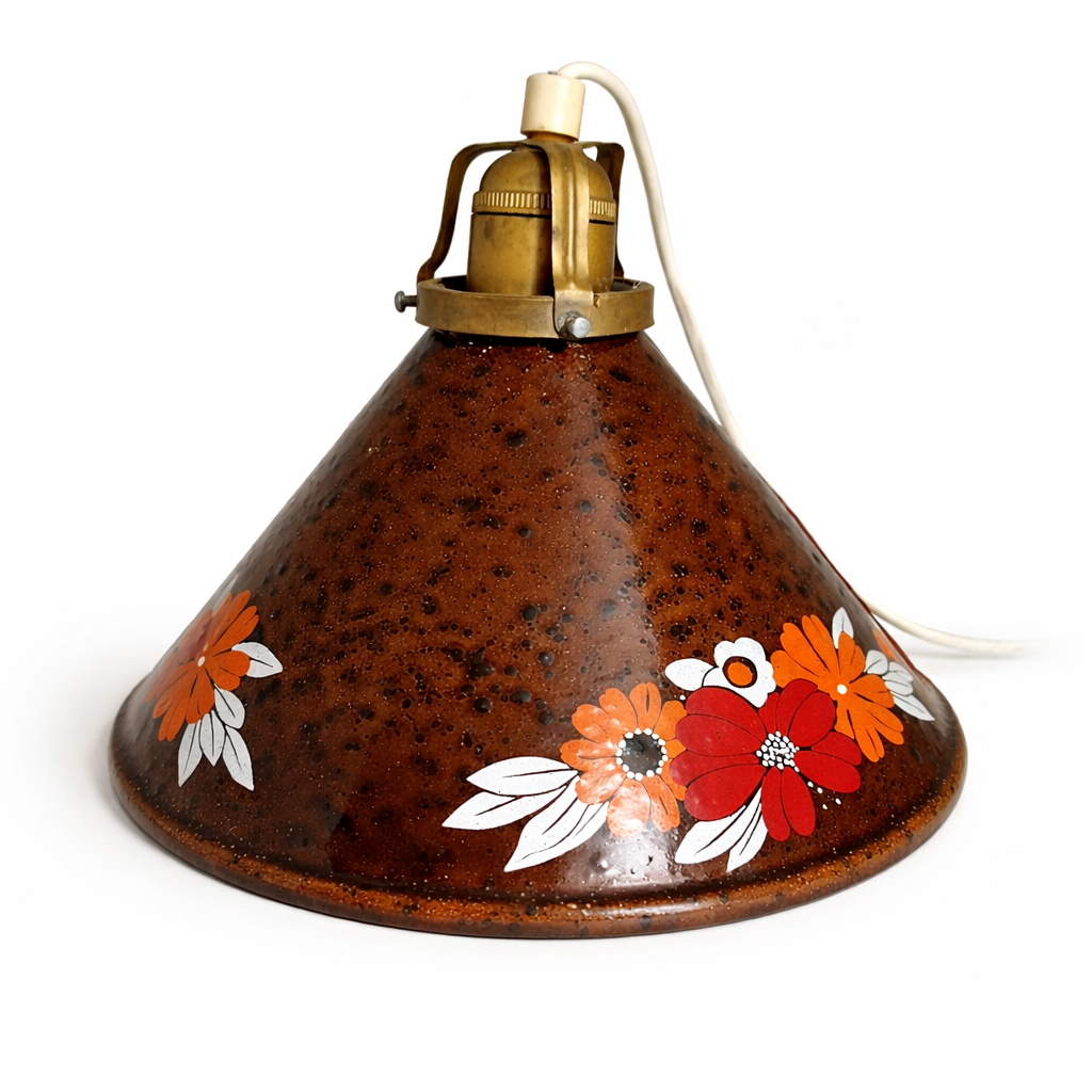 Vintage Enamel Hanging Lamp: Scandinavian Floral Pendant Light with hand-painted red and orange flowers, timeless charm, authentic vintage piece
