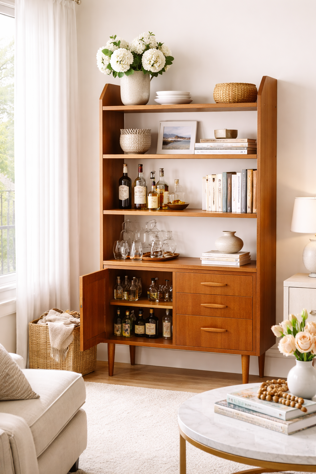 Danish Teak Bookcase Cabinet with Drawers – Scandinavian Mid-Century 1960s, authentic vintage piece with timeless charm.