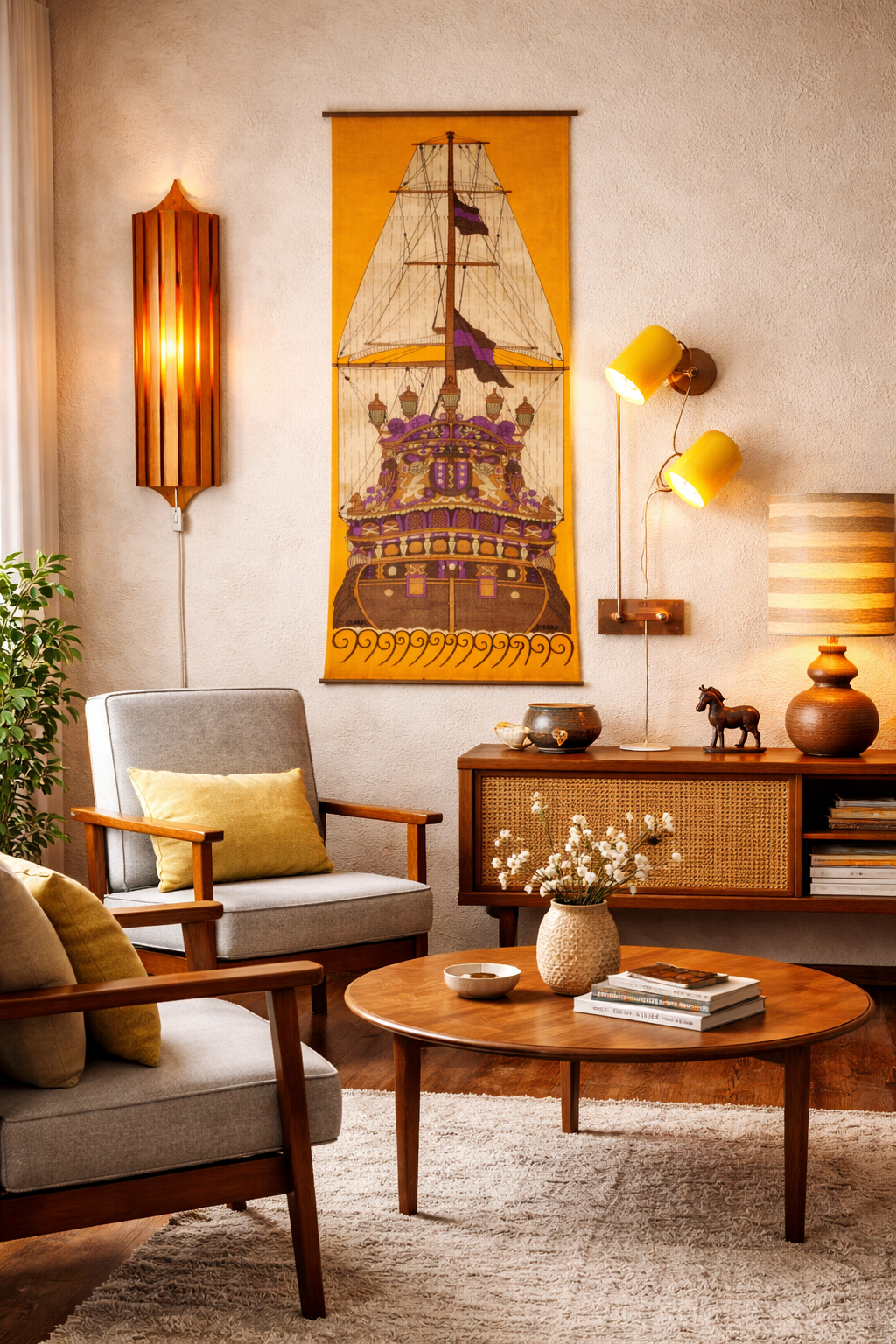 Pine Wall Sconce Slatted Wood Wall Lamp – Scandinavian 1960s with warm light, authentic vintage, timeless charm in cozy mid-century room.