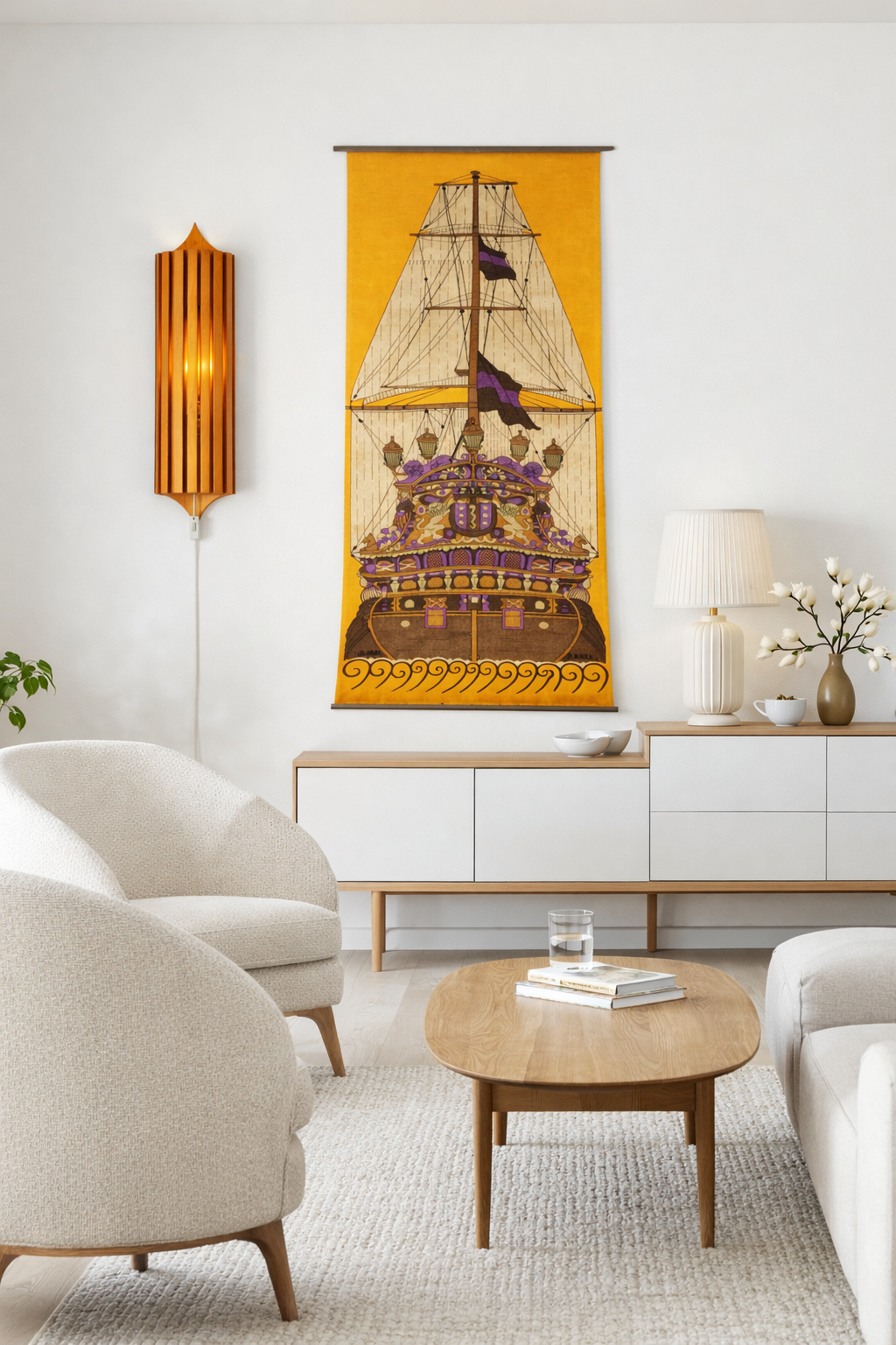 Vasa Warship Linen Wall Hanging – Ulla Scheuer ULLAS, Sweden 1970s, authentic vintage mid-century modern timeless charm