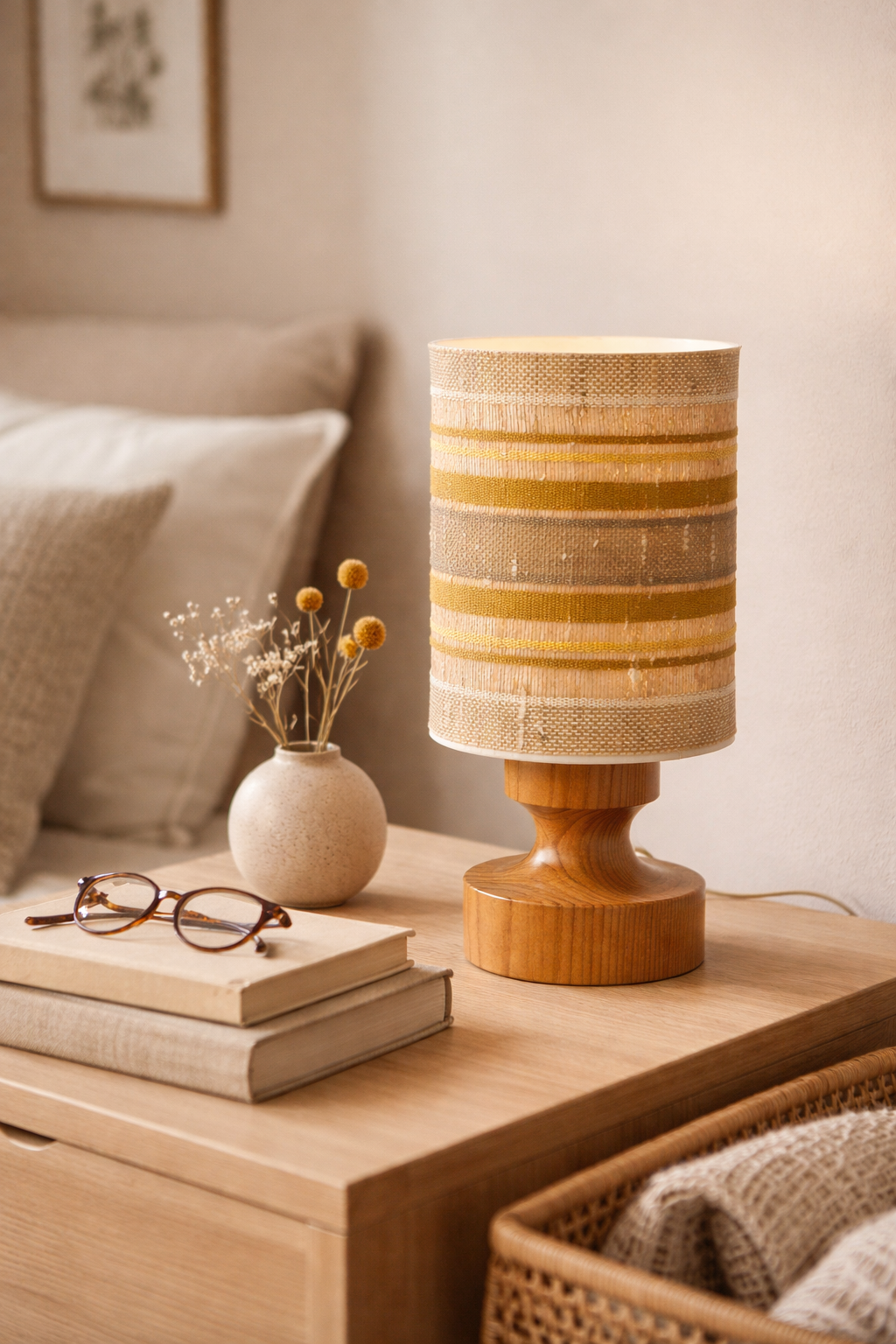 Scandinavian Pine Table Lamp – Linen Stripe Shade, Sweden 1970s with authentic vintage timeless charm in cozy mid-century setting