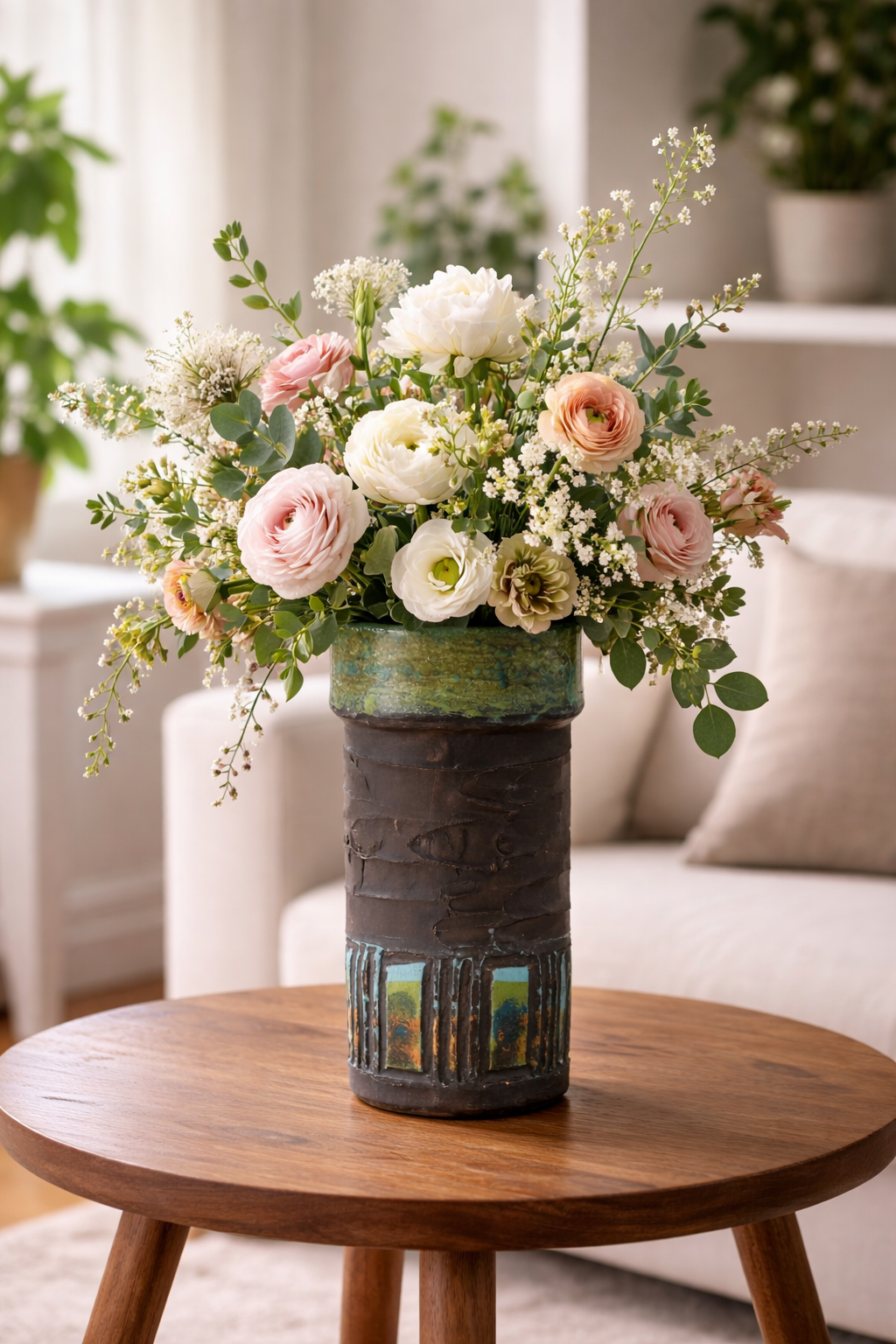 Vintage Brutalist Ceramic Vase – Mid Century Modern Studio Pottery with Textured Glaze holding delicate white and pink flowers on wooden table