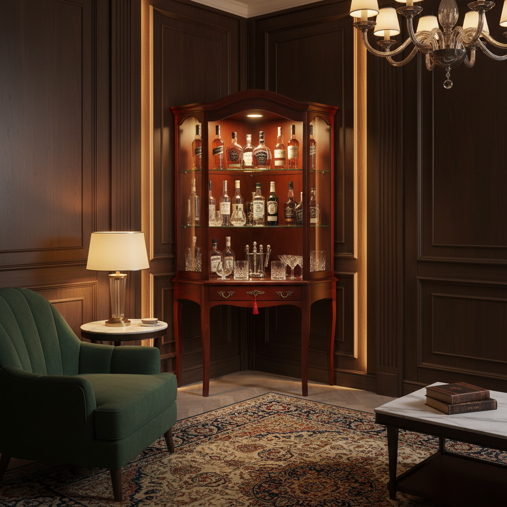 Chippendale Style Mahogany Glass Display Cabinet with Drawer showcasing vintage glassware in a warm, elegant sitting room. Timeless Charm.