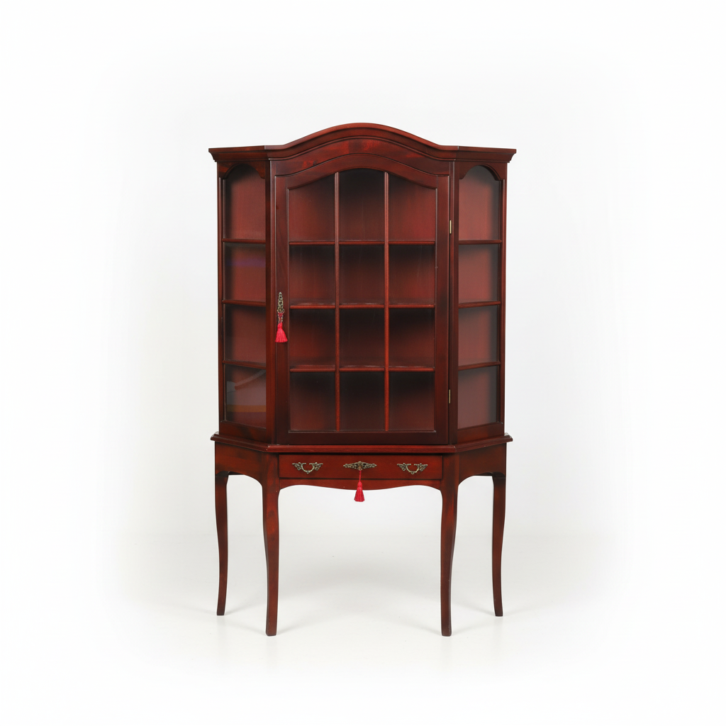 Chippendale Style Mahogany Glass Display Cabinet with Drawer featuring timeless charm and authentic vintage craftsmanship