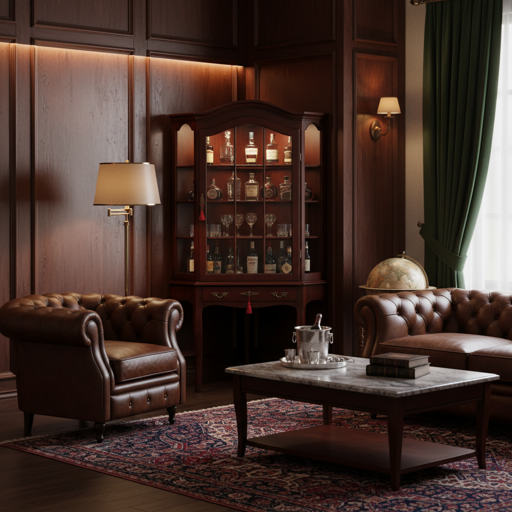 Chippendale Style Mahogany Glass Display Cabinet with Drawer in cozy vintage room, timeless charm and classic elegance.