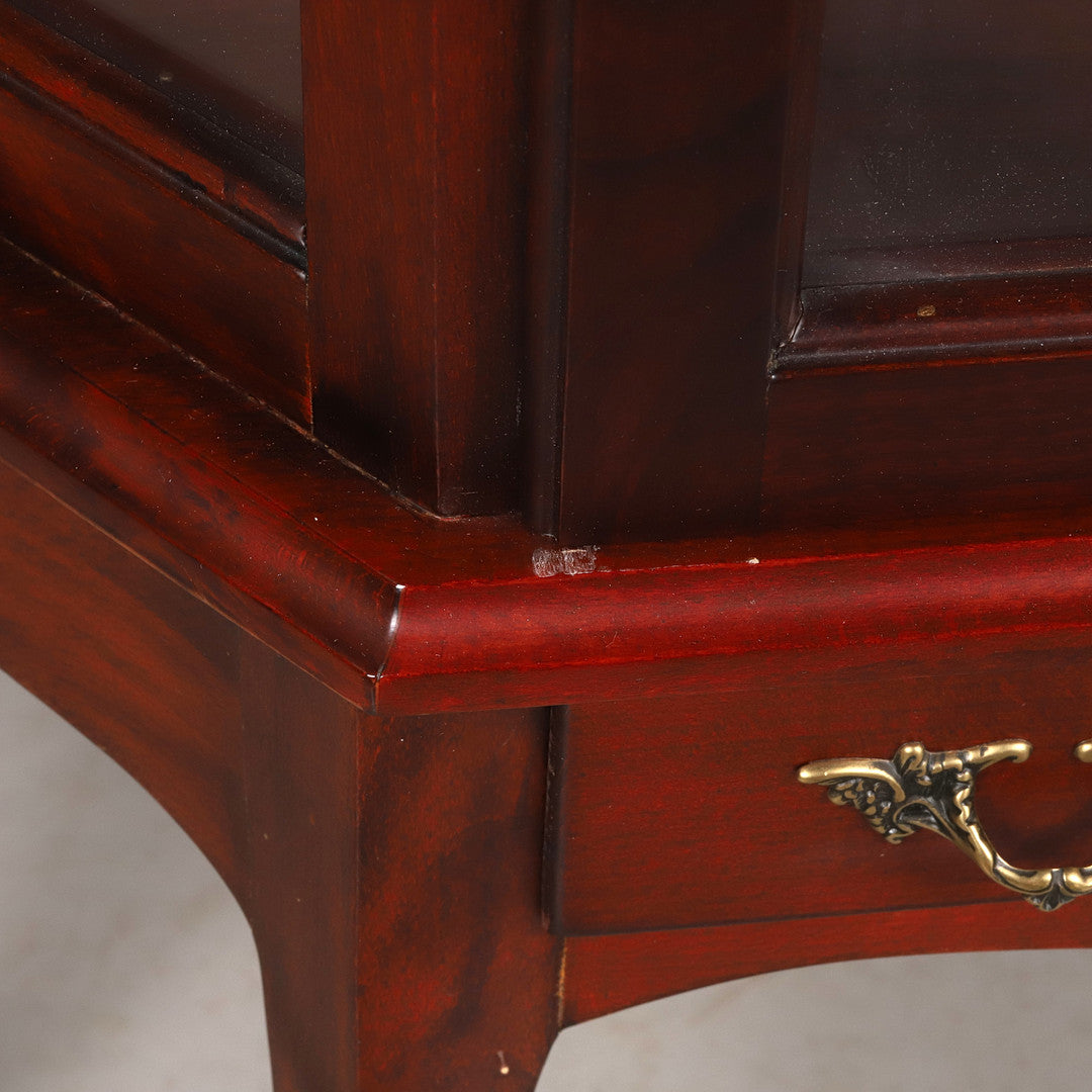 Chippendale Style Mahogany Glass Display Cabinet with Drawer showcasing authentic vintage wood finish and timeless charm.
