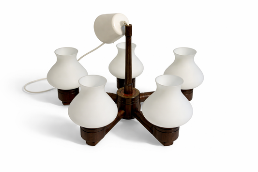 Vintage Teak & Opaline Glass Chandelier – Mid-Century Modern Danish Five-Arm Ceiling Light with timeless charm, authentic vintage design.