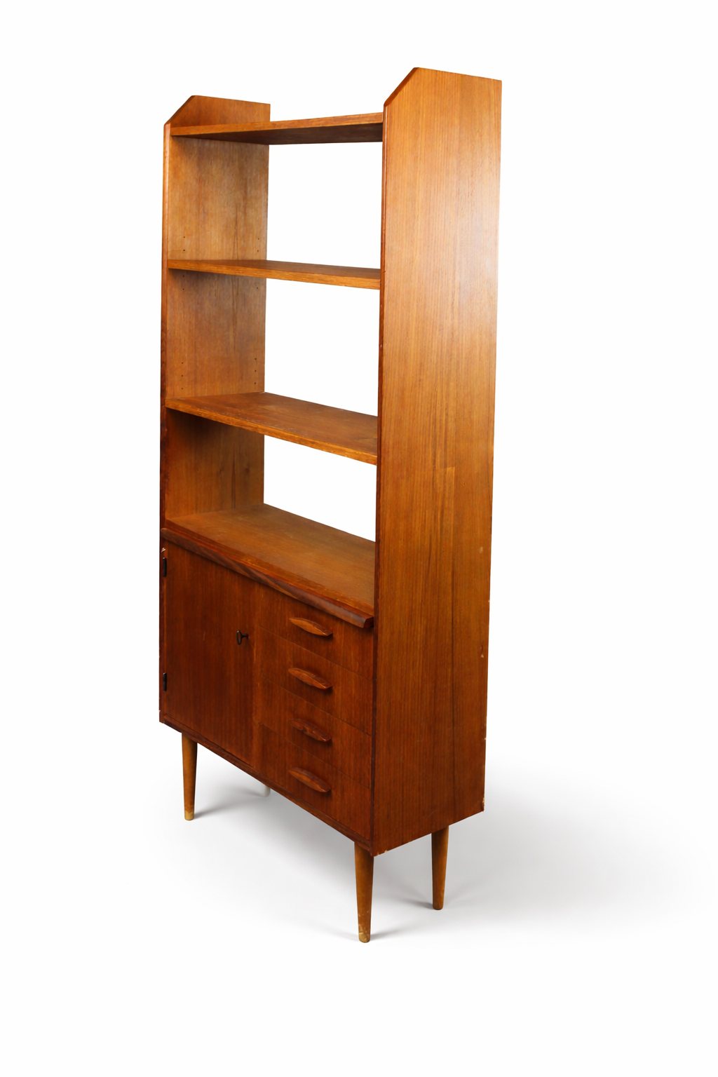 Danish Teak Bookcase Cabinet with Drawers – Scandinavian Mid-Century 1960s showcasing timeless charm and authentic vintage design.