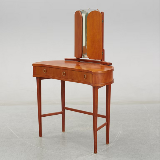 Scandinavian Mahogany Kidney Dressing Table with Triptych Mirror – 1950s, authentic vintage, timeless charm design.