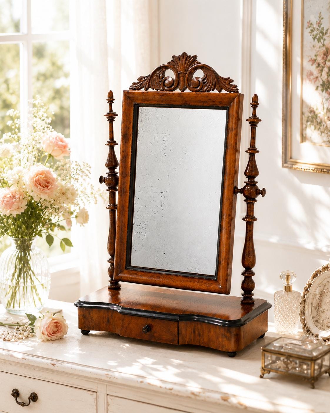 Dressing Table Mirror with Drawer, Tilting Carved Walnut Vanity, Biedermeier Empire Style, Sweden __etsy:8142831038