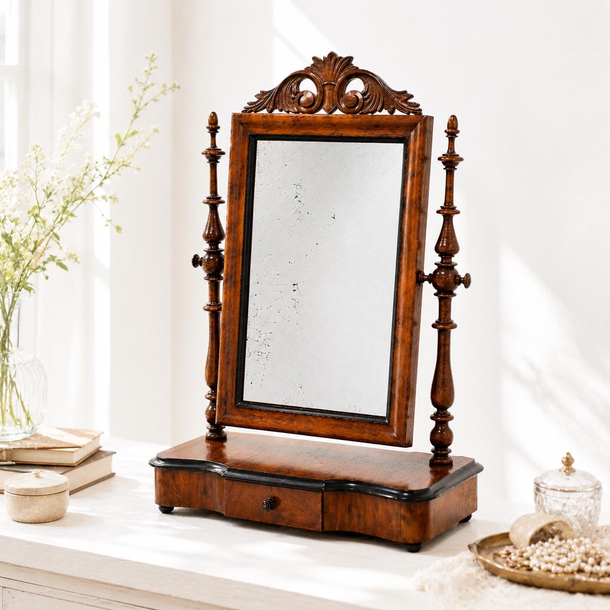 Dressing Table Mirror with Drawer, Tilting Carved Walnut Vanity, Biedermeier Empire Style, Sweden __etsy:8142822718