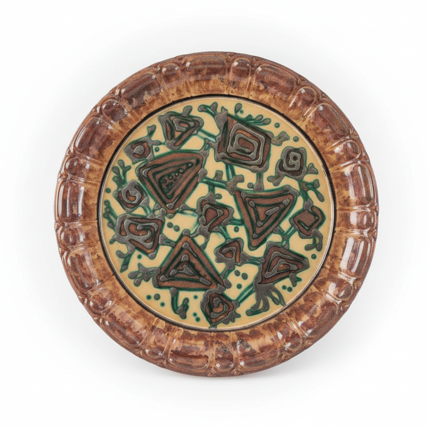 Vintage Swedish Gabriel Keramik Wall Plaque “1936” – Abstract green and brown relief design in ceramic stoneware