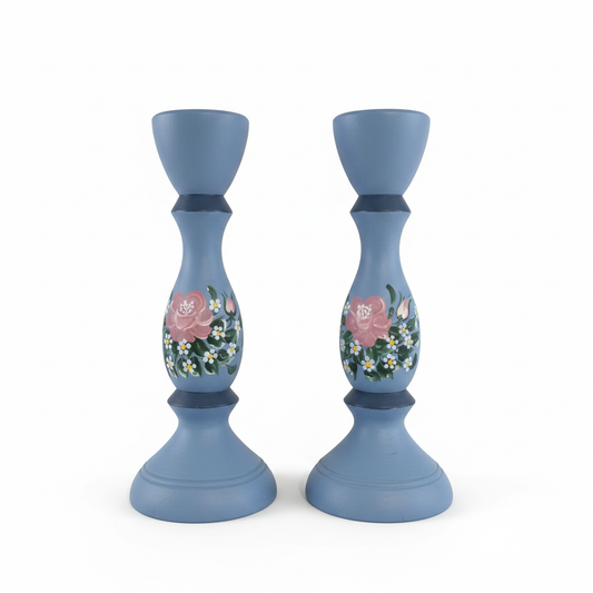 Vintage Hand-Painted Blue Wooden Candlesticks - Swedish Folk Art Decor - Pair
