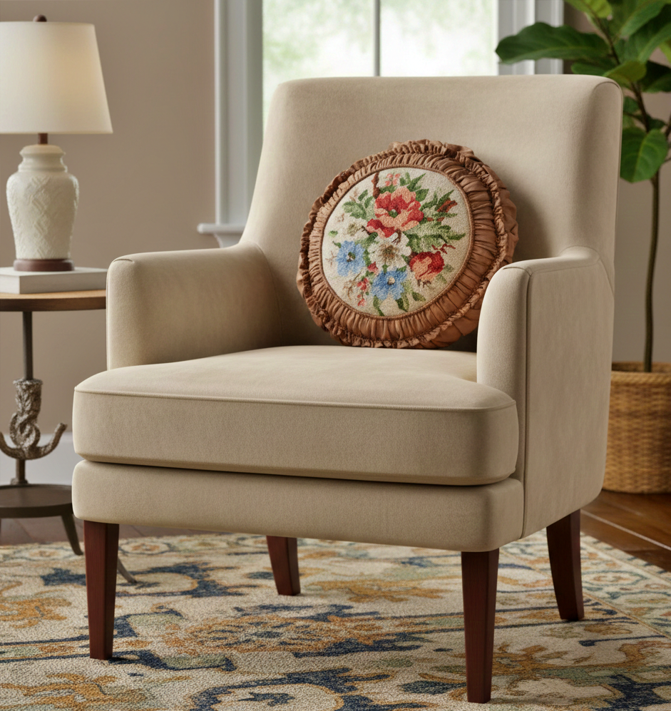 Vintage Embroidered Floral Throw Pillow: Beige Ruffled Cushion