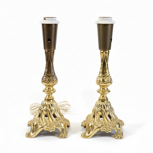 Pair of Vintage Solid Brass Table Lamps – Baroque Revival Ornate Brass Bases, authentic vintage, timeless charm