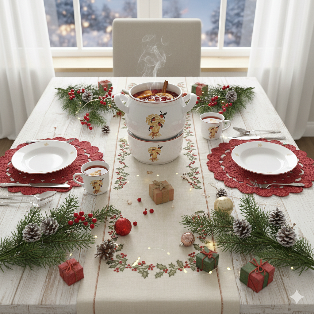 Scandinavian Vintage Ceramic Mulled Wine Pot with Candle Warmer, Christmas Design on festive table with red accents and greenery, Timeless Charm