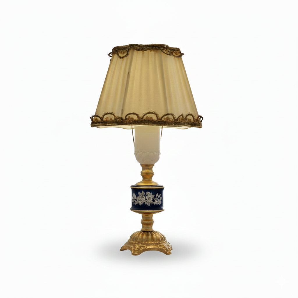 Vintage Swedish Rococo Table Lamp – Ceramic and Brass with Pleated Shade
