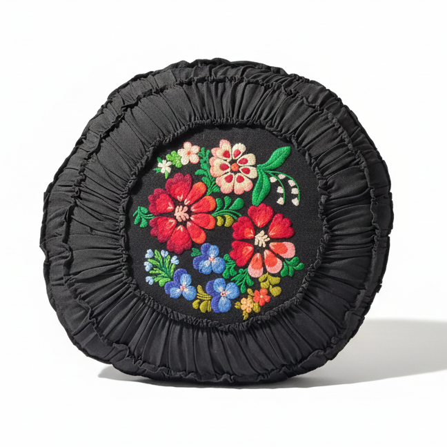 Vintage Embroidered Floral Throw Pillow: Black Ruffled Cushion with colorful red, blue, and white floral embroidery detail
