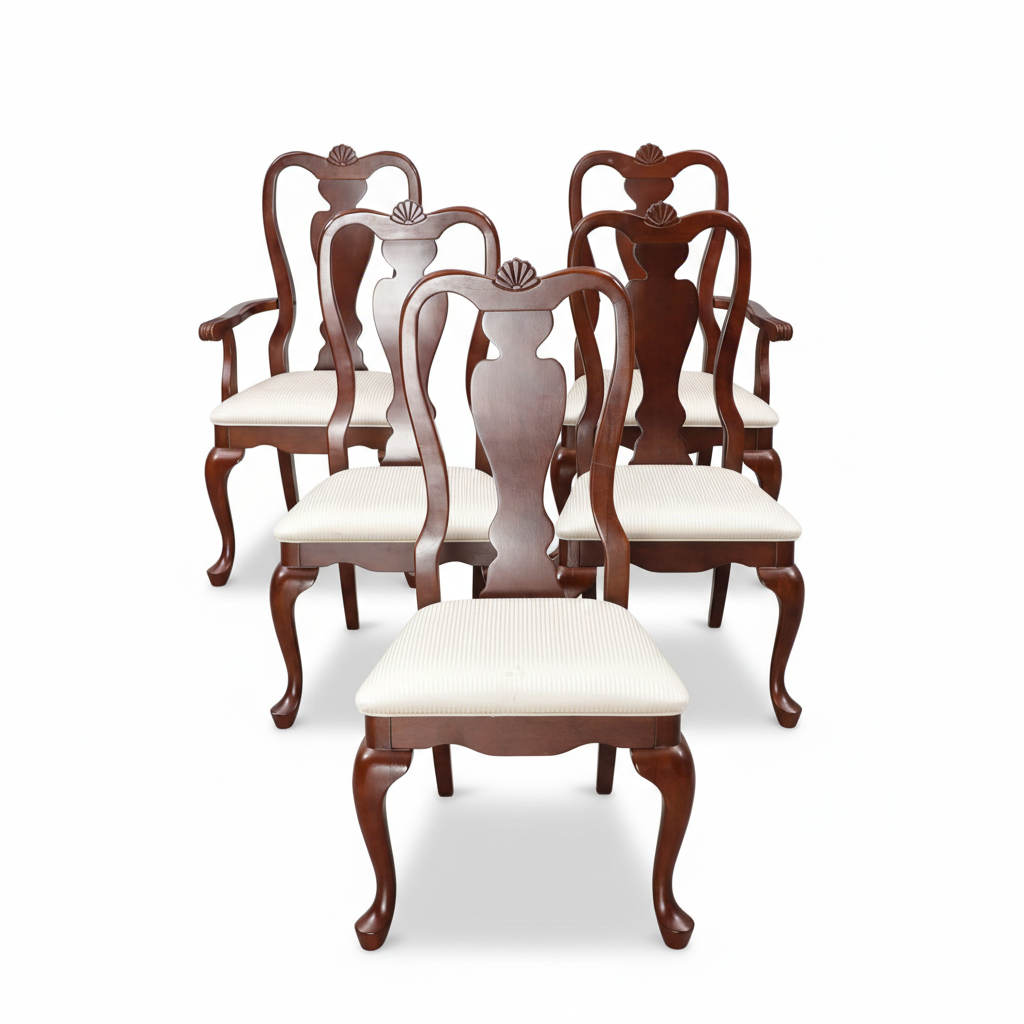 Set of 6 Mahogany Dining Chairs, Queen Anne Style, Hand Carved Shell Back Chairs with timeless charm and authentic vintage appeal