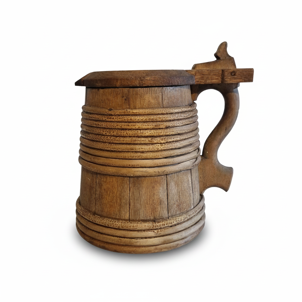 Antique Swedish Wooden Stånka: 19th Century Folk Art Dairy Jug with carved handle and textured bands