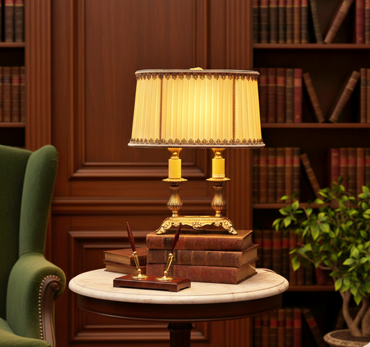 Elegant Hollywood Regency Brass Table Lamp – Scandinavian Vintage Lighting with Silk Shade on classic books, timeless charm.