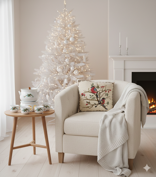 Vintage Scandinavian Needlepoint Pillow with Bullfinches | Handcrafted Decorative Cushion