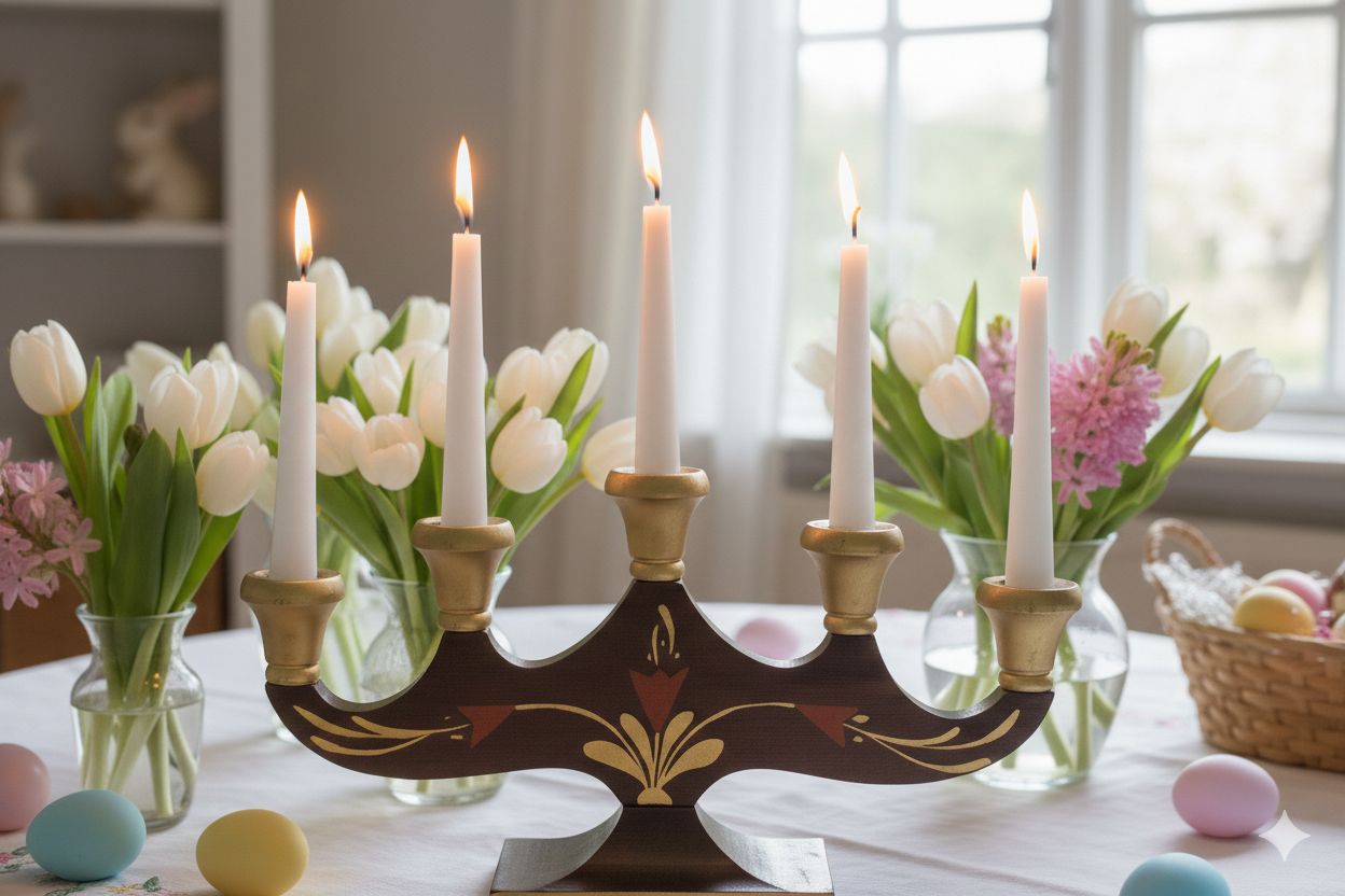 Antique Hand Painted Swedish Candelabra: Allmoge Folk Art Wood Candle Holder with lit candles and spring flowers Timeless Charm