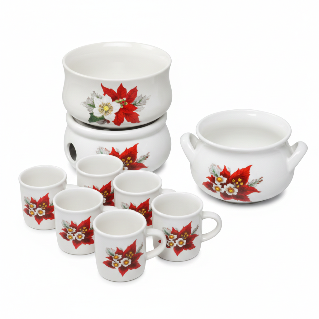 Scandinavian Vintage Ceramic Mulled Wine Pot with Candle Warmer, Christmas Design featuring authentic vintage floral decor, timeless charm.