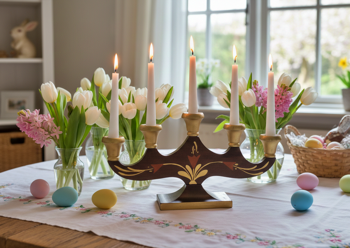 Antique Hand Painted Swedish Candelabra: Allmoge Folk Art Wood Candle Holder with lit candles and spring decor, timeless charm
