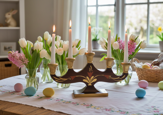 Antique Hand Painted Swedish Candelabra: Allmoge Folk Art Wood Candle Holder