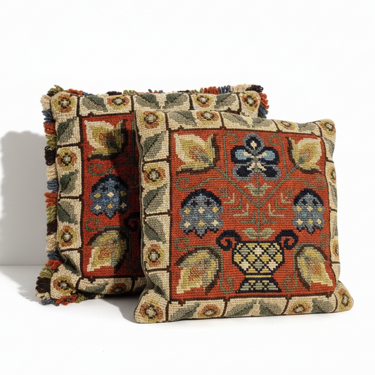 Folk Tapestry Cushion Covers – Vintage Boho Set of 2 – Rustic Embroidered Wool Pillows