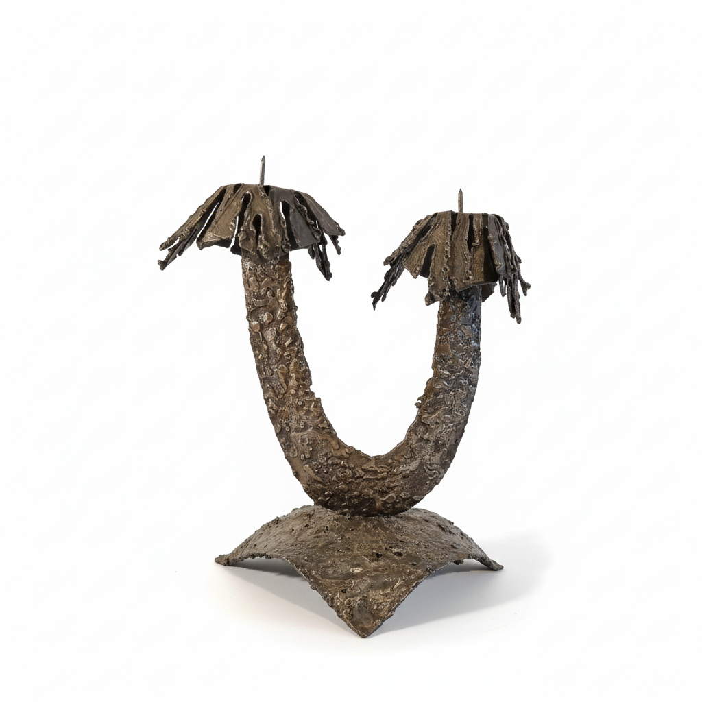 Brutalist Metal Candelabra: Mid Century Modern Iron Candle Holder