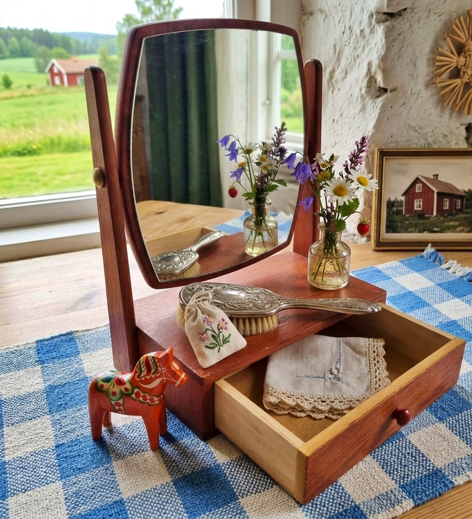 Vintage Swedish Table Mirror with Drawer – Mid-Century Vanity Mirror with authentic vintage charm and Scandinavian mid-century modern style.