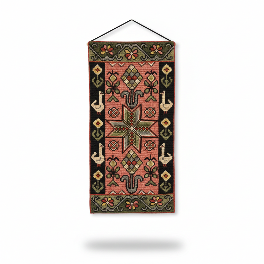 Vintage Swedish Folk Wall Tapestry – Handwoven  Wool Textile