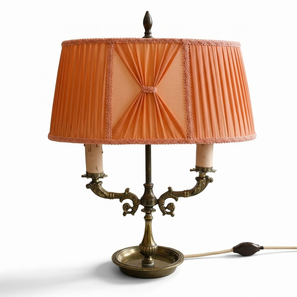 Brass Candelabra Table Lamp – Two Arm Bouillotte Style, Orange Pleated Shade, 1930s–1940s
