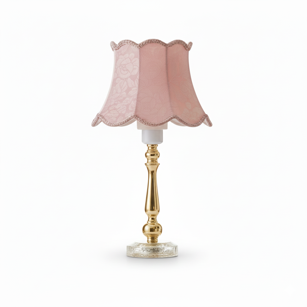 Vintage Gold Brass Table Lamp with Pink Floral Fabric Shade – Classic Scandinavian Lighting