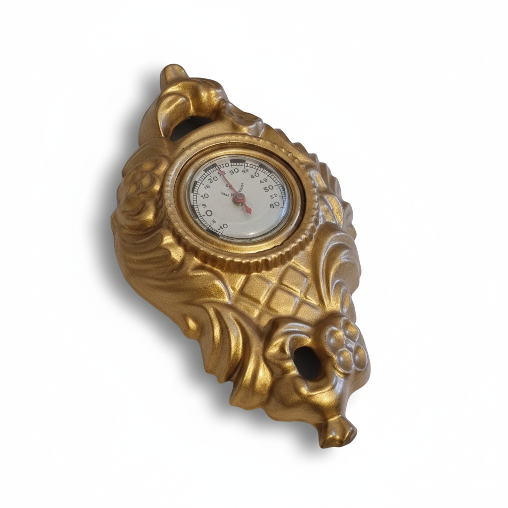 Vintage Neo-Baroque Wall Thermometer: Gold Cast Metal, Made in Sweden, authentic vintage piece with timeless charm.