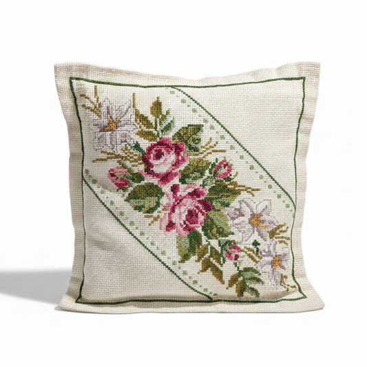 Vintage Hand Embroidered Pillow – Cross Stitch Cushion with Roses – Colorful Boho Home Decor