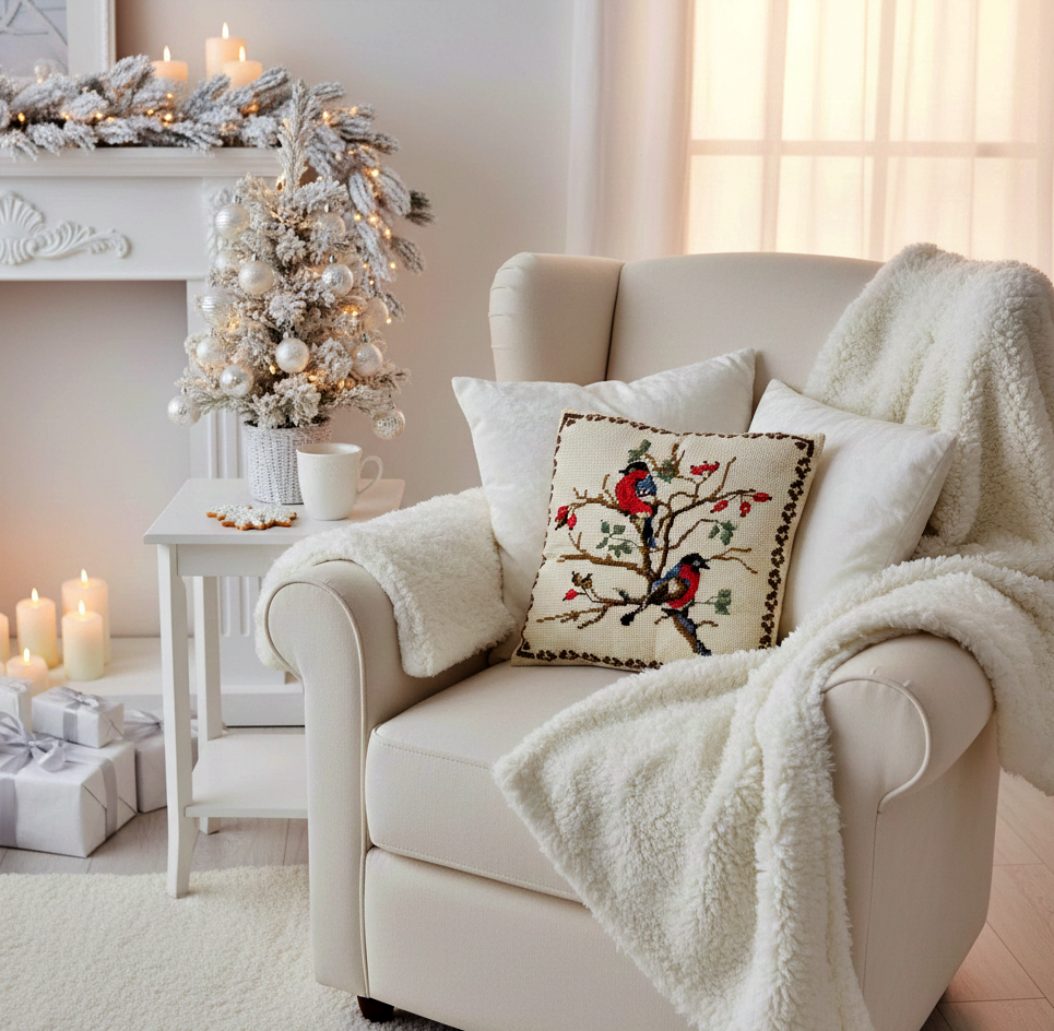 Cozy cream armchair with embroidered bird pillow, fluffy throw, decorated small Christmas tree, lit candles, and wrapped gifts nearby