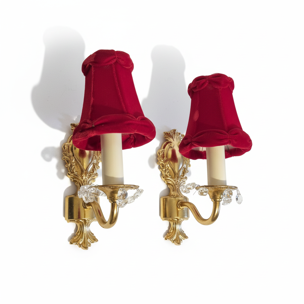 Vintage Rococo style gilded wall lamps pair with original velvet shades in deep red and ornate gold accents.