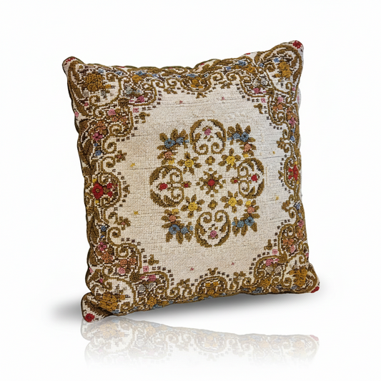 Antique Floral Needlepoint Cushion – Ornate Folk Embroidery Pillow in Warm Earthy Tones