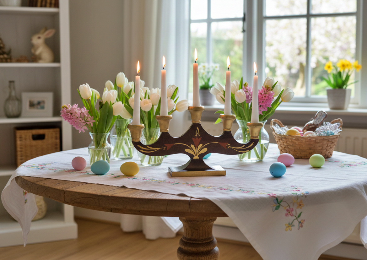 Antique Hand Painted Swedish Candelabra: Allmoge Folk Art Wood Candle Holder with flowers and pastel Easter eggs, timeless charm.