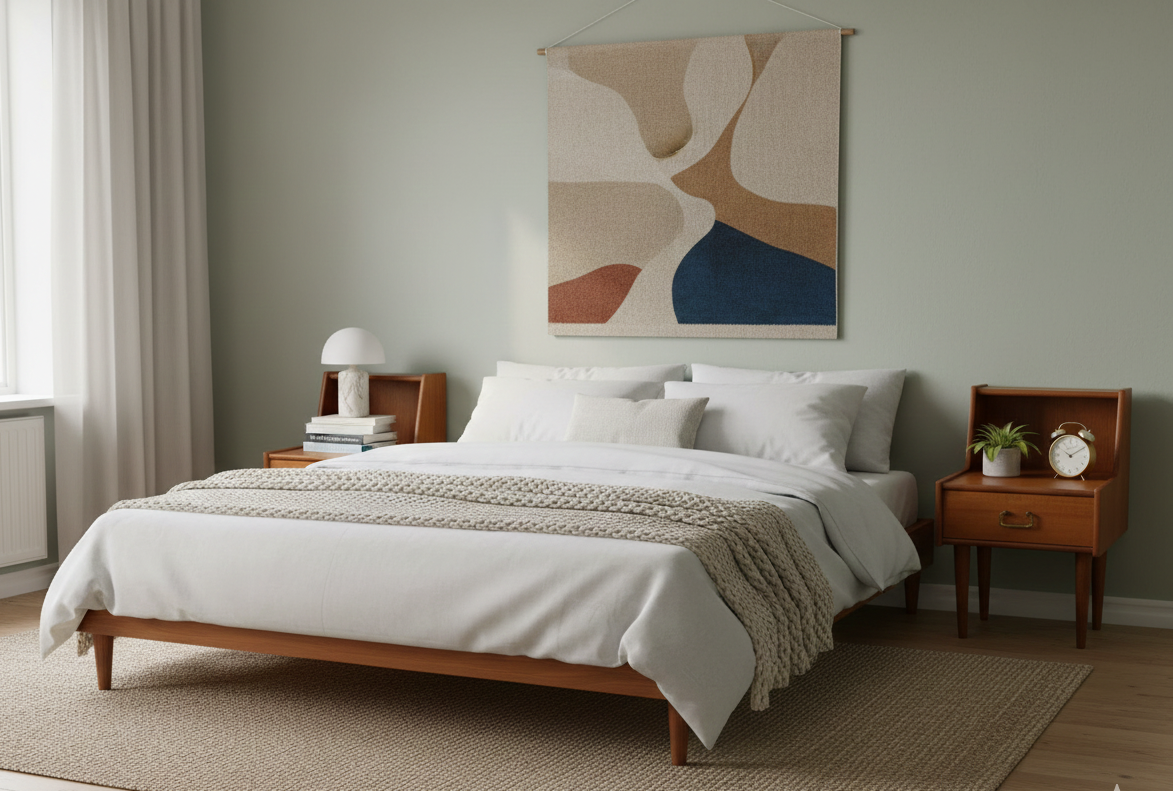 Scandinavian Teak Nightstands with Double Top – Set of 2, 1965 flanking a bed in a minimalist bedroom setting.